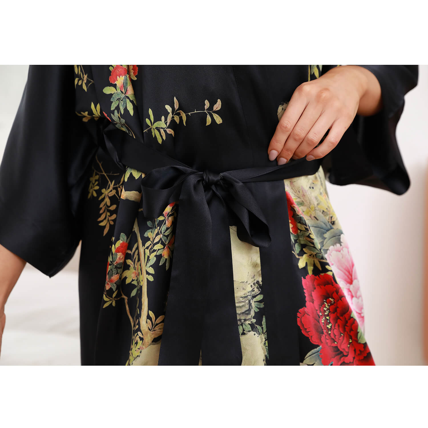 Floral Print Silk Kimono Robes Peony Blossoms Silk Bathrobe