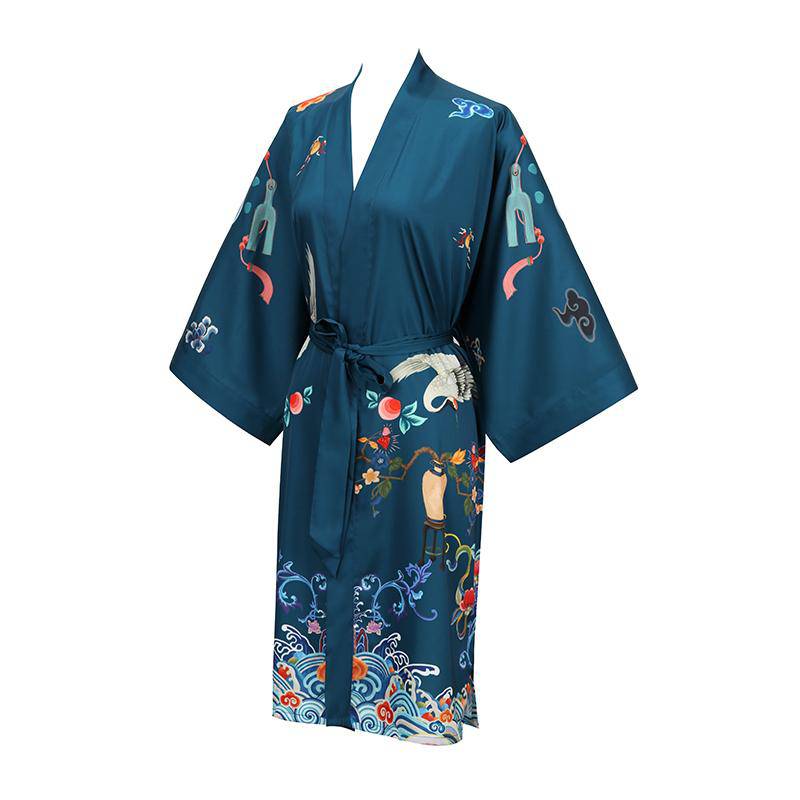 Short Crane And Dragon Print Pure Silk Kimono Robes