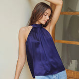 22 Momme Sleeveless Silk Shirt Silk Gathered Halter Top Burgundy XS