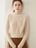 Womens Cable Knit Cashmere Sweater Mock Neck Cashmere Pullover Ribbed Trim
