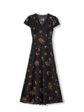 Womens Floral Print Silk Midi Dress V Neck Lace Trim A Line Silk Dress