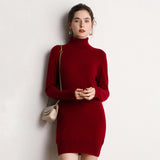 Vestido de cachemira con cuello alto para mujer Vestido mini de punto de manga larga