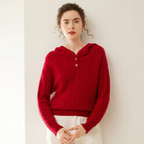 Suéter Henley De Cachemira Con Capucha Y Punto De Cable Para Mujer