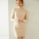 Vestido de cachemira con cuello alto para mujer Vestido mini de punto de manga larga
