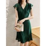 Womens Polka Dot Silk Wrap Dress V Neck Ruffle Sleeve Silk Midi Dress