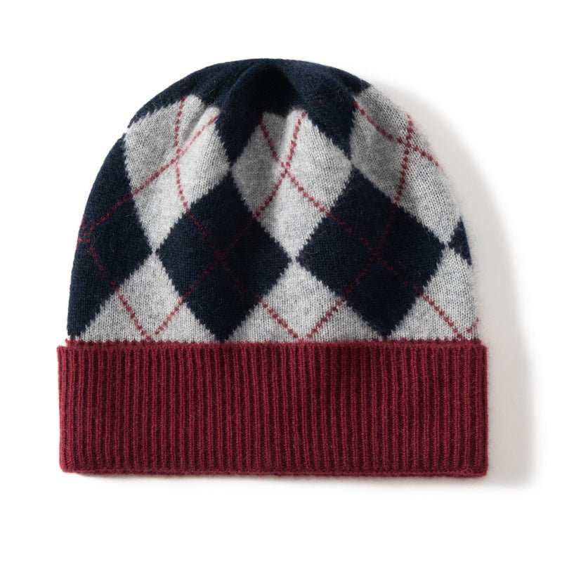 Argyle Cashmere Knit Beanie Patterned Cashmere Winter Cap Diamond Cashmere Hat