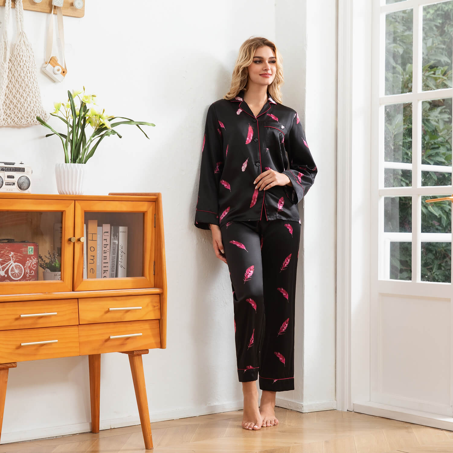 Black Silk Pajamas with Pink Feather Print Long Sleeve Silk Pajama Set Silk PJ Sets
