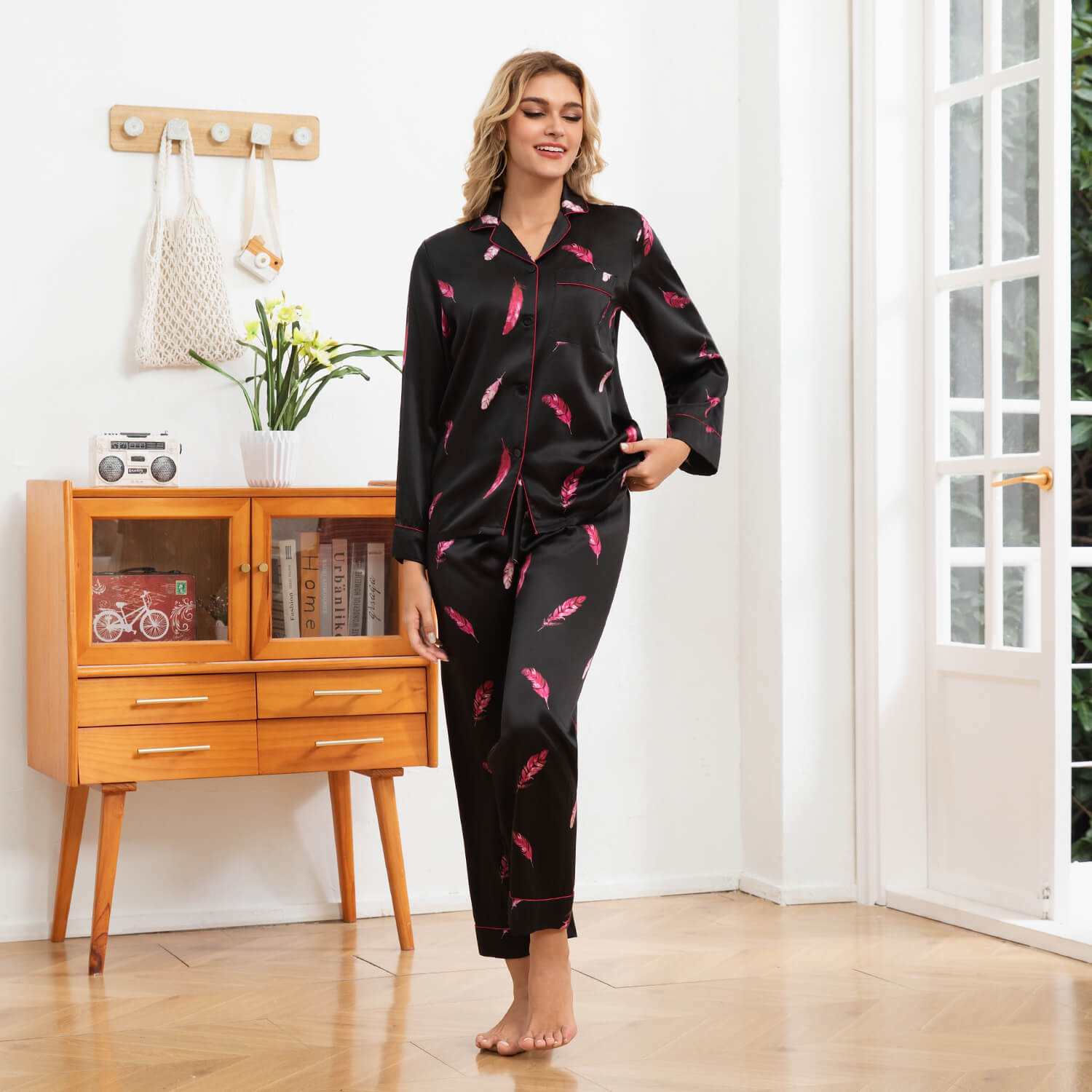 Black Silk Pajamas with Pink Feather Print Long Sleeve Silk Pajama Set Silk PJ Sets