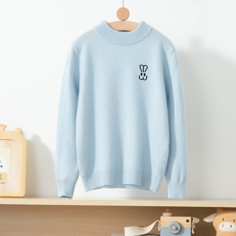 Kids Cashmere Sweater With Embroidered Bunny Crew Neck Pullover Blue 100