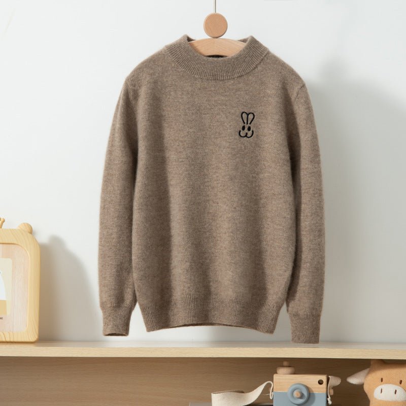 Kids Cashmere Sweater With Embroidered Bunny Crew Neck Pullover Taupe 100