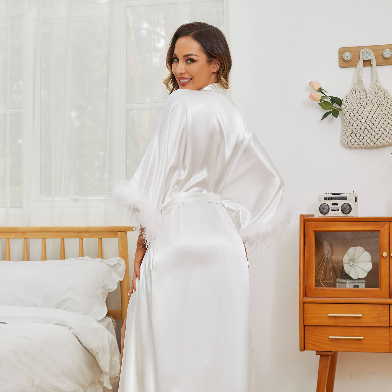 Bridal Silk Kimono Robes With Ostrich Feather Silk Robe