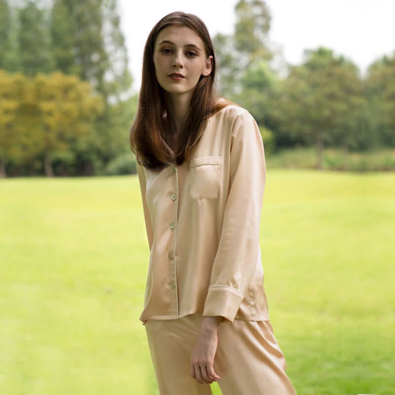 Bright Color Silk Pajamas Set for Women champagne XS