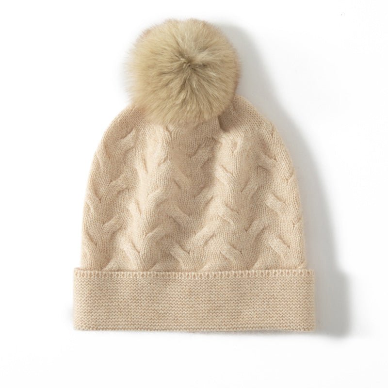 Cable Knit Cashmere Beanie with Pom Textured Cashmere Hat