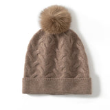 Cable Knit Cashmere Beanie with Pom Textured Cashmere Hat