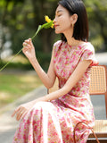 Cap Sleeve Silk Summer Dress Silk Maxi Dress for Women Long Silk Floral Dress Pink XS
