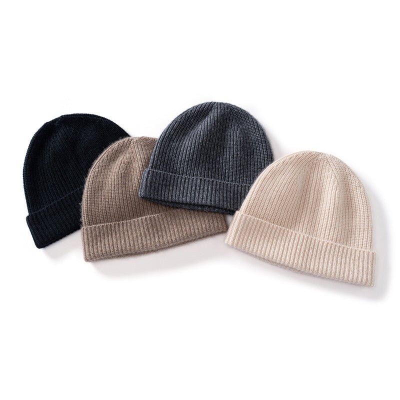 Cashmere Knit Beanie Hat with Fold Over Cuff Ribbed Winter Cashmere Cap