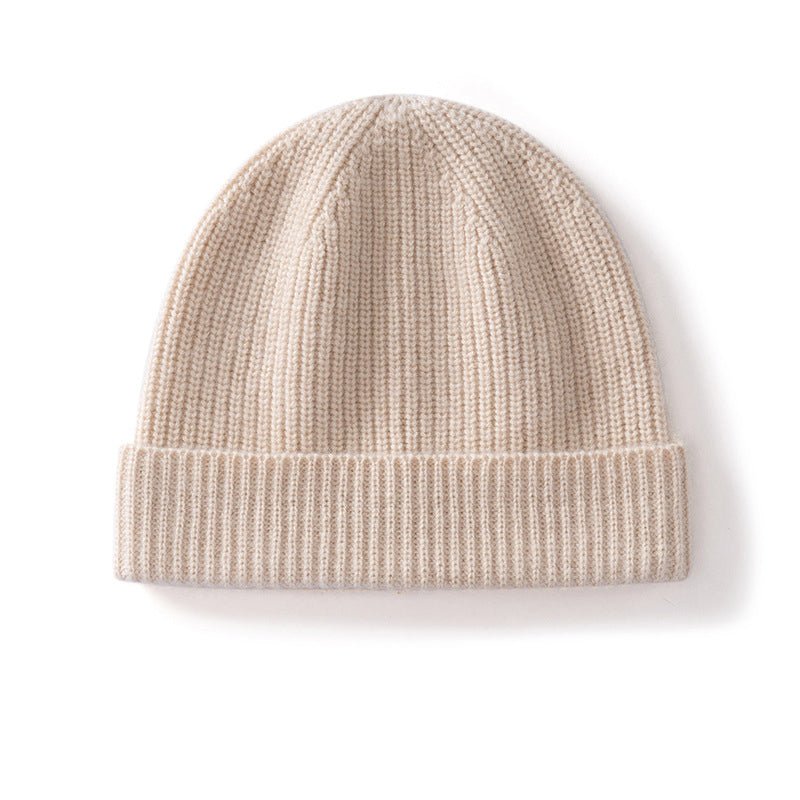 Cashmere Knit Beanie Hat with Fold Over Cuff Ribbed Winter Cashmere Cap