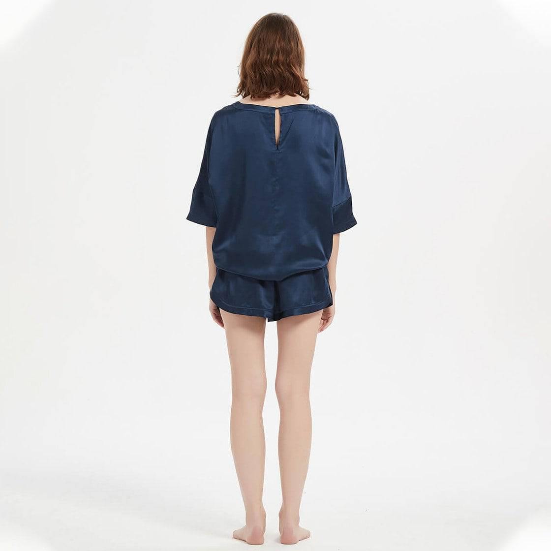 Classic Round Necked Half Sleeves Short Silk Pajamas Set Navy Blue S