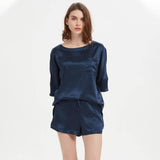 Classic Round Necked Half Sleeves Short Silk Pajamas Set Navy Blue S