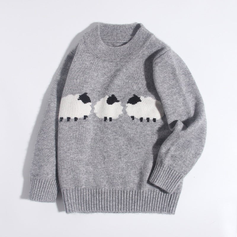 Cute Kids Pure Cashmere Sweater Sheep Intarsia Knit Cashmere Pullover Ribbing Hem Grey 80