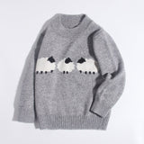 Cute Kids Pure Cashmere Sweater Sheep Intarsia Knit Cashmere Pullover Ribbing Hem Grey 80