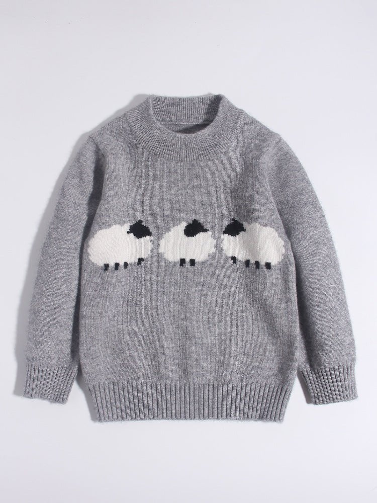 Cute Kids Pure Cashmere Sweater Sheep Intarsia Knit Cashmere Pullover Ribbing Hem Grey 80