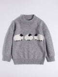 Cute Kids Pure Cashmere Sweater Sheep Intarsia Knit Cashmere Pullover Ribbing Hem Grey 80