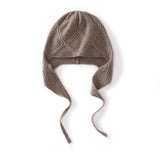Diamond Knit Pure Cashmere Beanie Cashmere Bonnet Hat with Ties