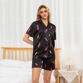 Feather Print Silk Pajama Set for Women Button Down Silk Pyjamas Shorts Set