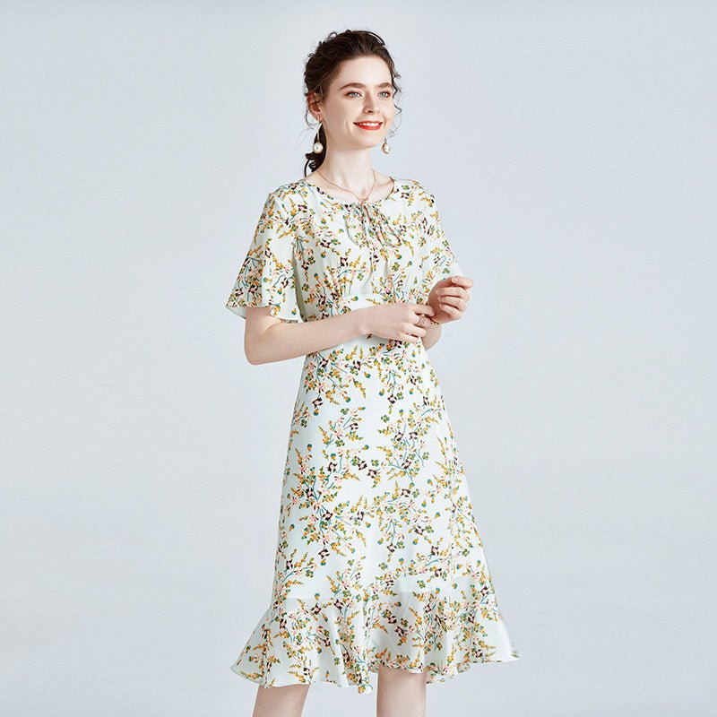 Floral pure silk Dress For womens Short Sleeve Summer Party Silk Dress