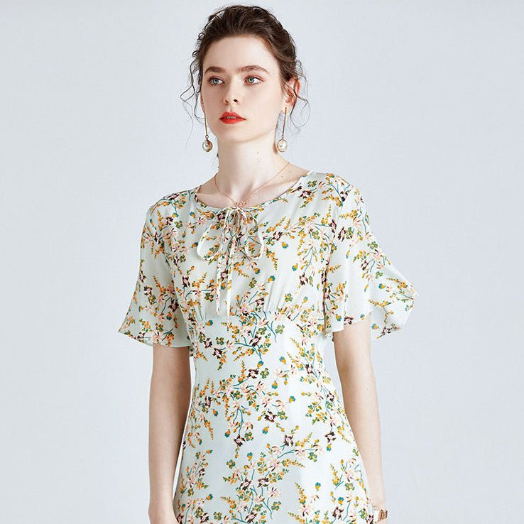 Floral pure silk Dress For womens Short Sleeve Summer Party Silk Dress