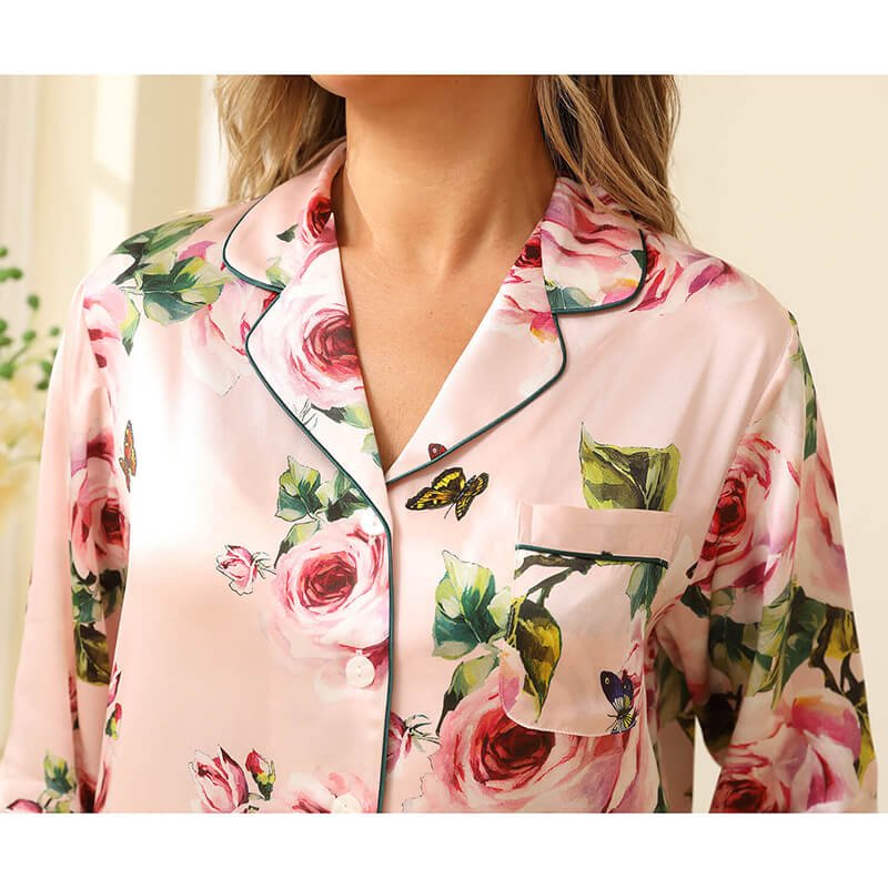 Floral Silk Pajama Set For Women Printed pure Silk nightwear Pink XS
