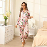 Floral Silk Pajama Set For Women Printed pure Silk nightwear Pink XS