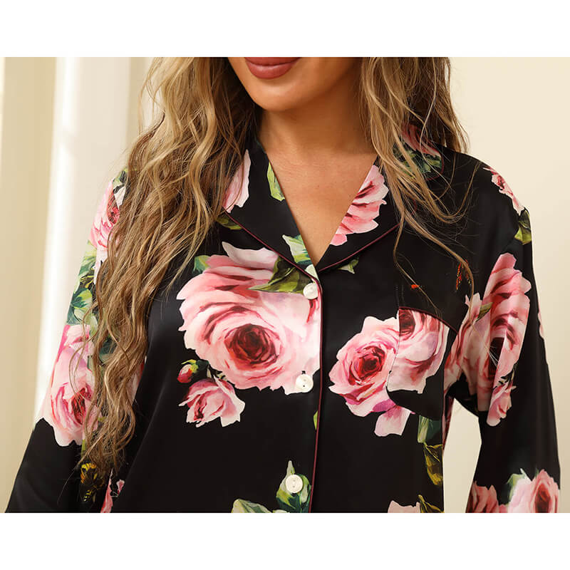 Floral Silk Pajama Set For Women Printed pure Silk nightwear Black XS