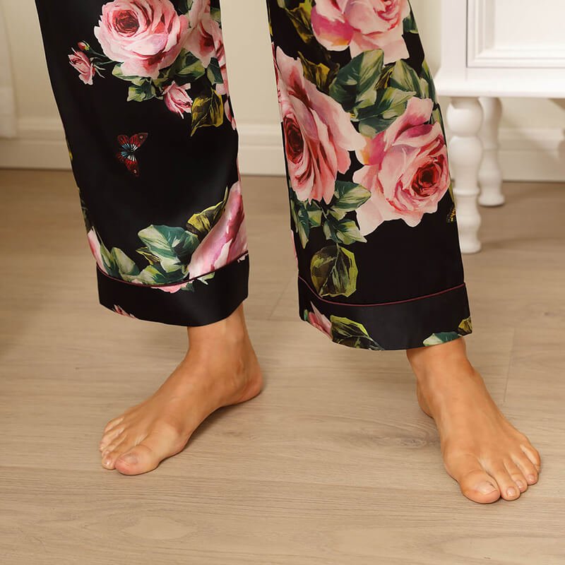 Floral Silk Pajama Set For Women Printed pure Silk nightwear Black XS