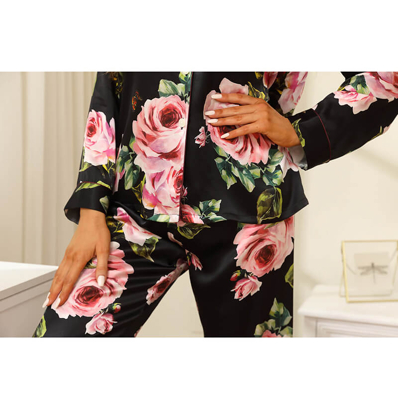 Floral Silk Pajama Set For Women Printed pure Silk nightwear Black XS