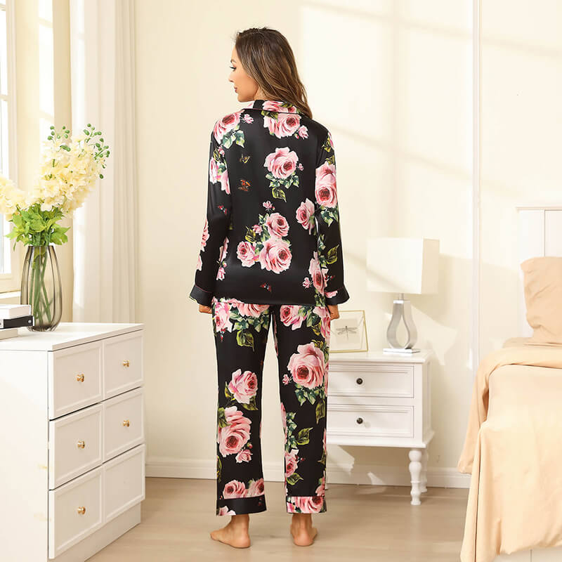 Floral Silk Pajama Set For Women Printed pure Silk nightwear Black XS