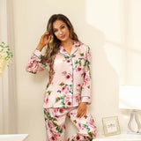 Floral Silk Pajama Set For Women Printed pure Silk nightwear Pink XS