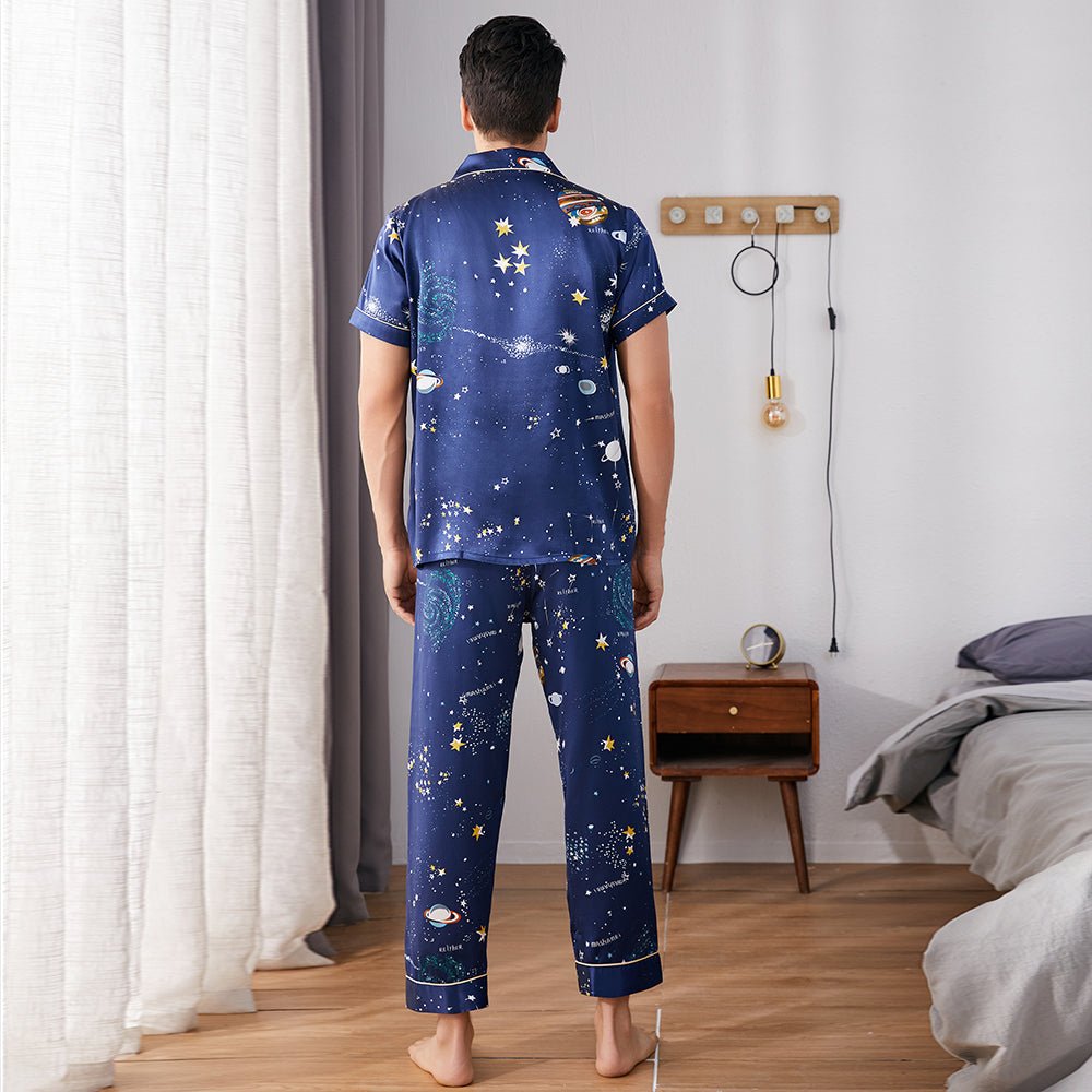 Galaxy Printed Silk Pajama Set For Mens Luxury Silk Nightwear
