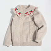 Girls Cashmere Cardigan Ruffled Cherry Embroidered Neck Cashmere Sweater