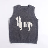 Kids 100% Cashmere Sweater Vest Abstract Dog Pattern Cashmere Knit Pullover Grey 80