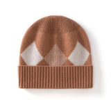 Kids Argyle Cashmere Beanie Hat Ribbed Edge Cashmere Beanie with Diamond Pattern