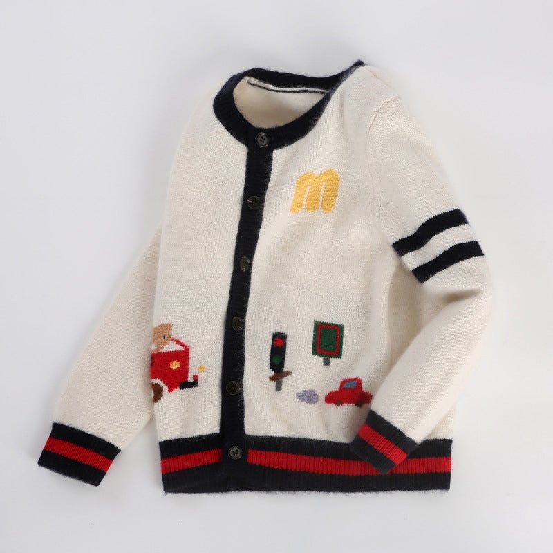 Kids Cashmere Cardigan Toy Car Traffic Knit Design Cashmere Sweater Ivory 90