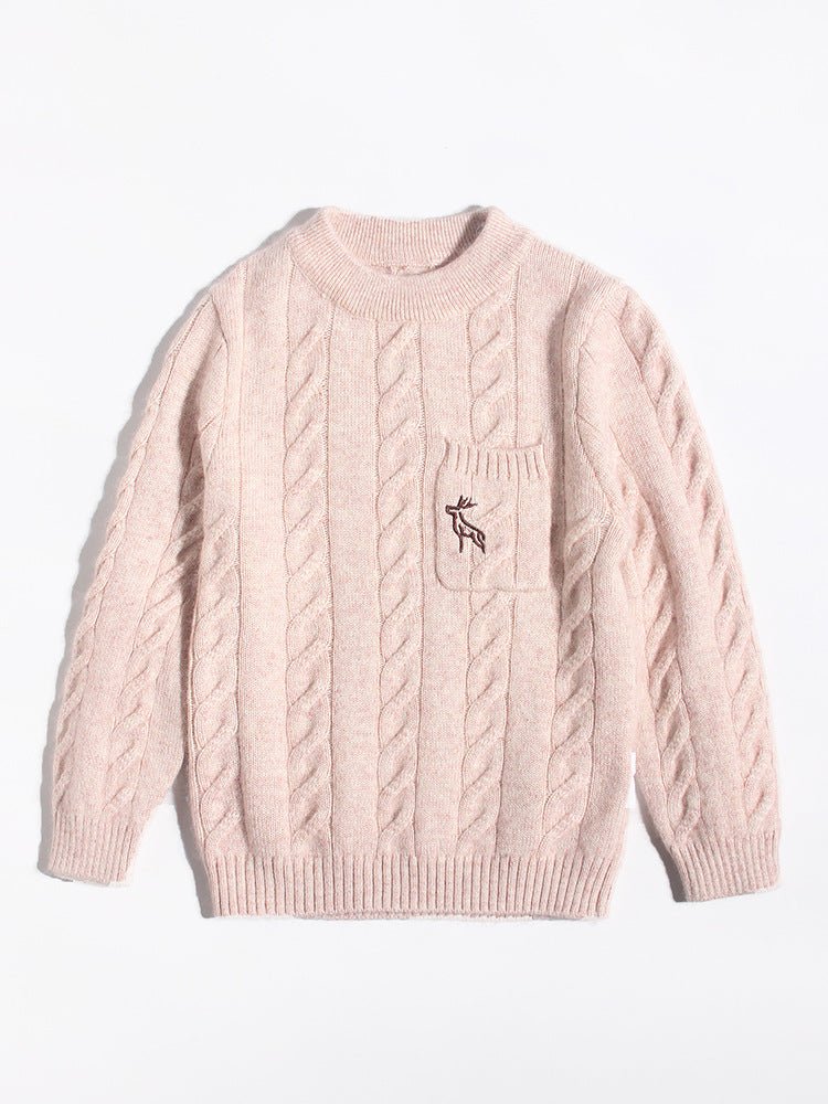 Kids Chunky Cable Knit Cashmere Sweater with Pocket Deer Embroidery Cashmere Pullover Beige 80