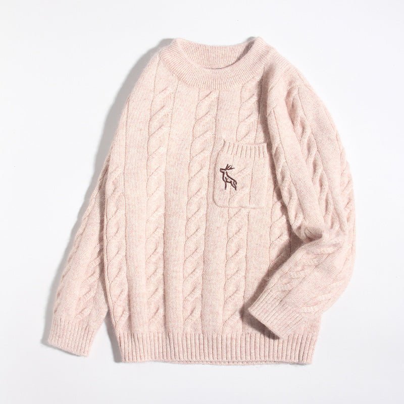 Kids Chunky Cable Knit Cashmere Sweater with Pocket Deer Embroidery Cashmere Pullover Beige 80