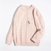 Kids Chunky Cable Knit Cashmere Sweater with Pocket Deer Embroidery Cashmere Pullover