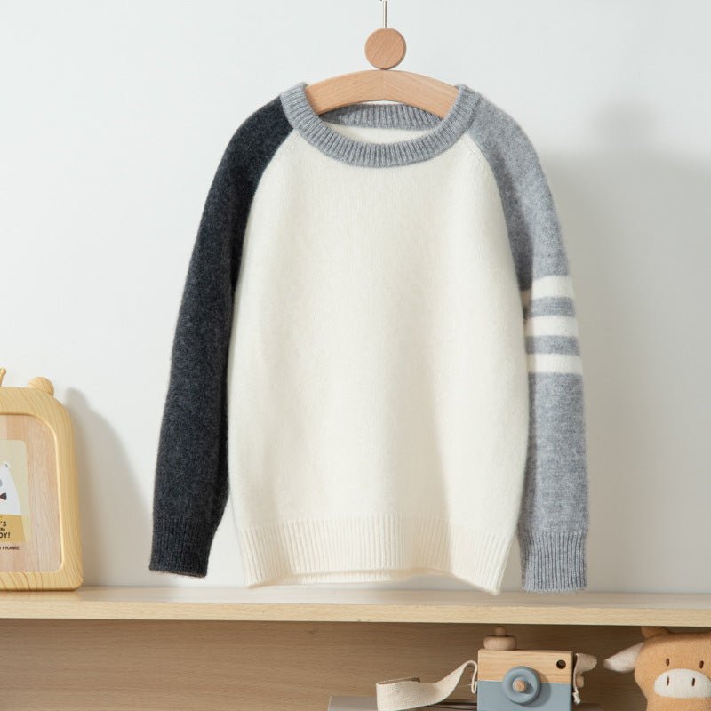Kids Pure Cashmere Color Block Sweater Long Sleeve Soft Knit Pullover Gray 100