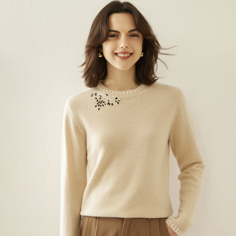 Lady Crew Neck Cashmere Sweater With Embroidered Contrast Stitch Trim