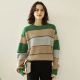 Lady Striped Cashmere Sweater Crewneck Colorblock Knit Drop Shoulder