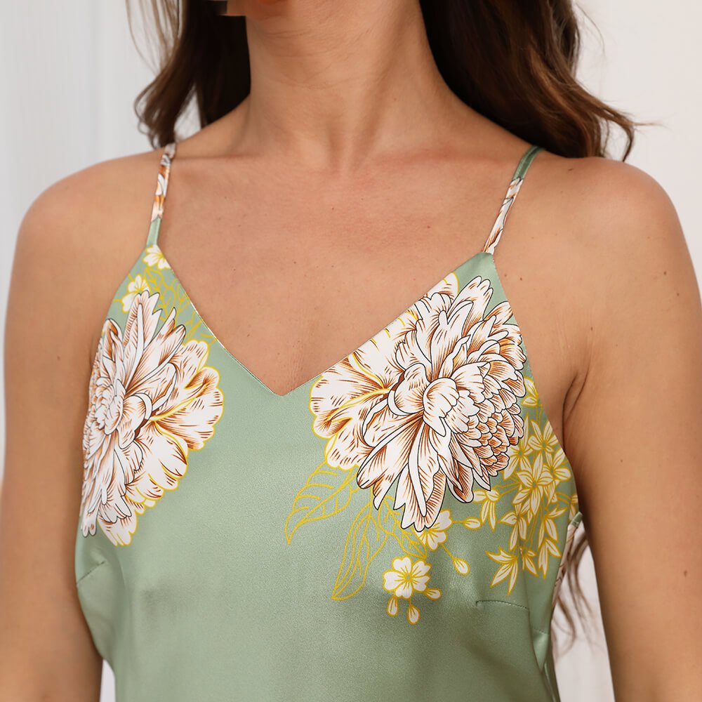 Long Flower Print Silk Nighdress Womens Sexy V Neck Nightgown